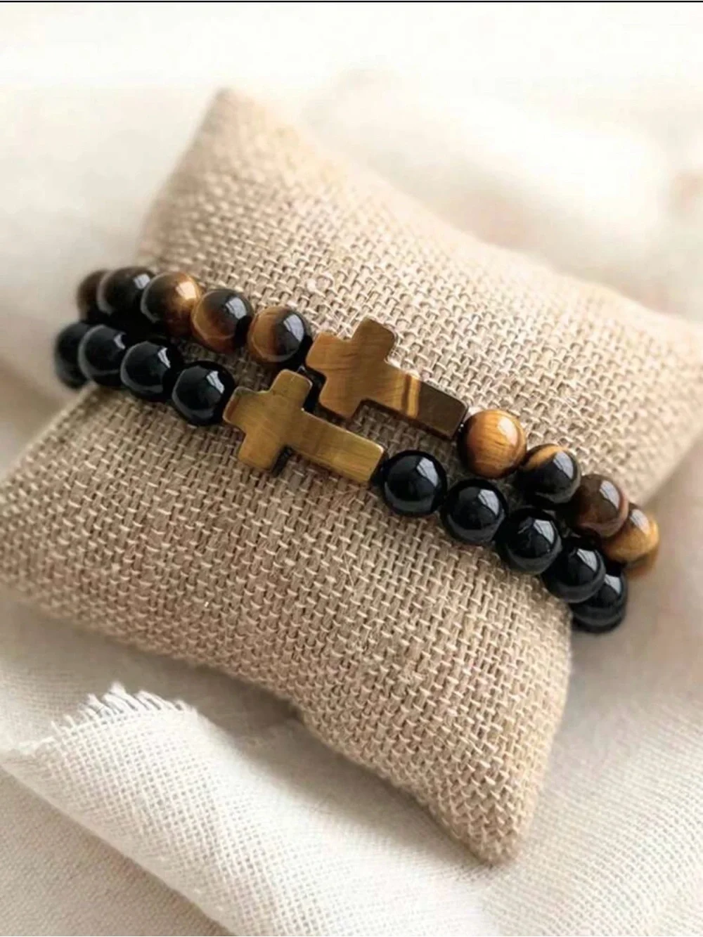 Men's Black Bead Bracelet with Gold Cross tiger eye stone waterproof